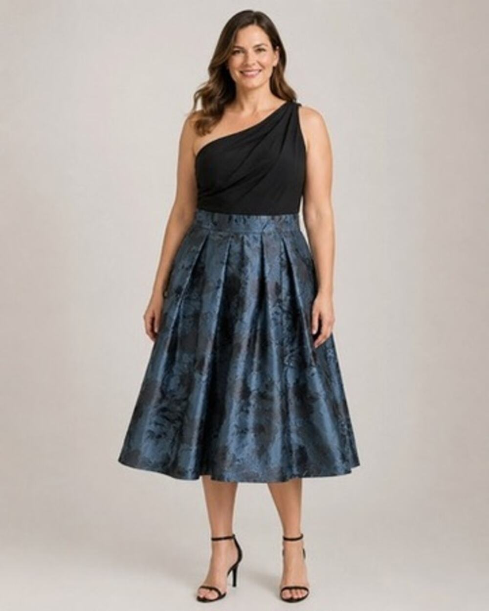 Lauren Ralph Lauren One Shoulder Tea Length Cocktail Dress Blue Floral Size 12